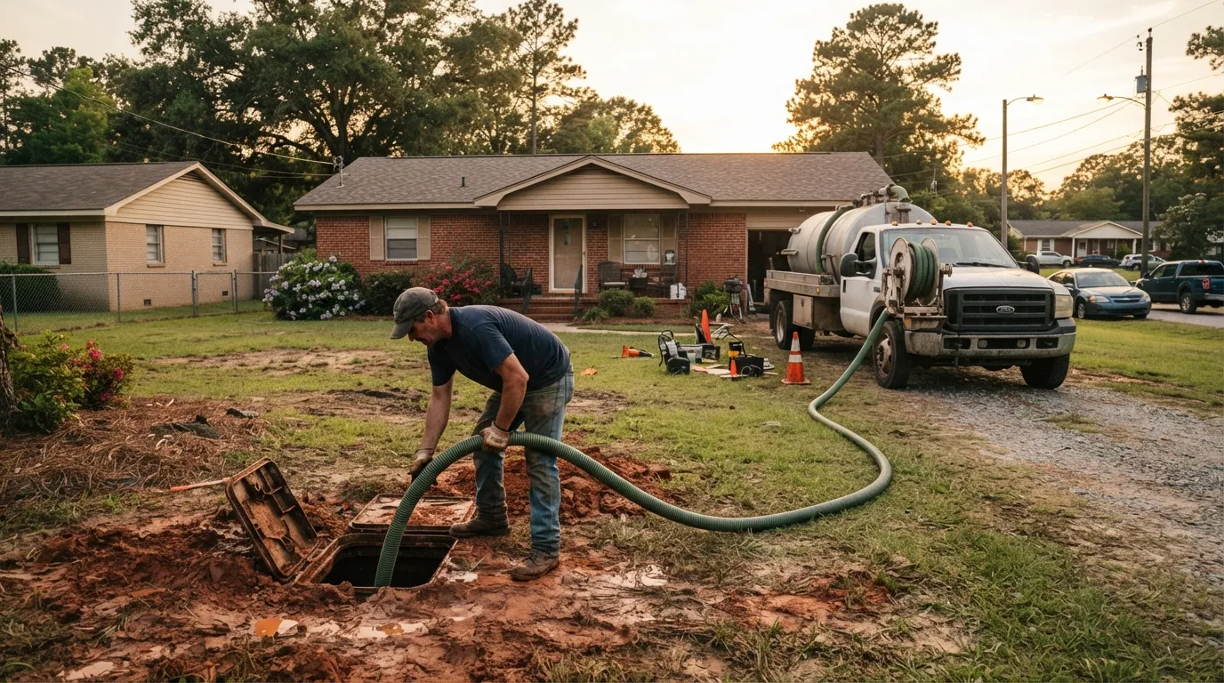 A technician feeding a vacuum hose into an open septic tank access on a churned, muddy lawn at first light, with the lid levered up beside him, traffic cones and equipment set out, and a vacuum tanker parked on the drive of a brick home