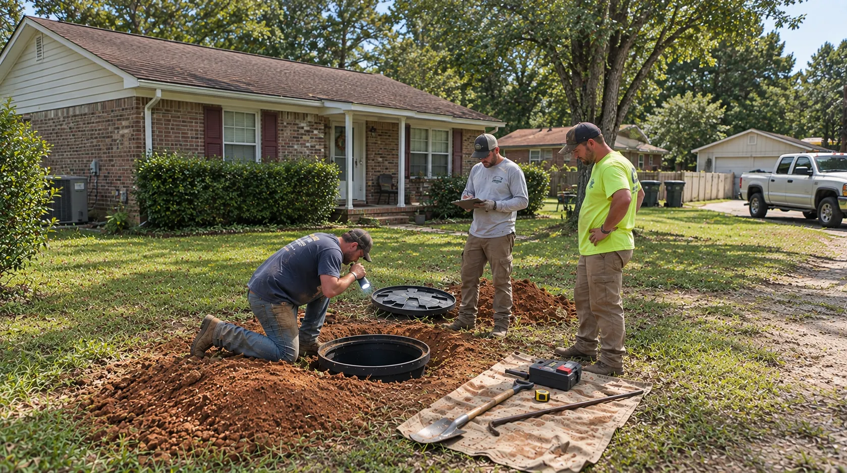 Three technicians inspecting a septic tank at a brick ranch home: one kneeling with a flashlight over the open riser, another writing on a clipboard, and a third watching, with the riser lid set aside and hand tools laid out on a tarp